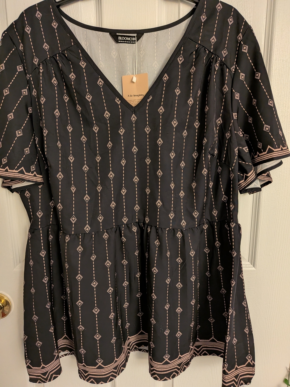 NWT BloomChic Women’s Plus 18/20 Black Boho Design Peplum Blouse Flutter Sleeve